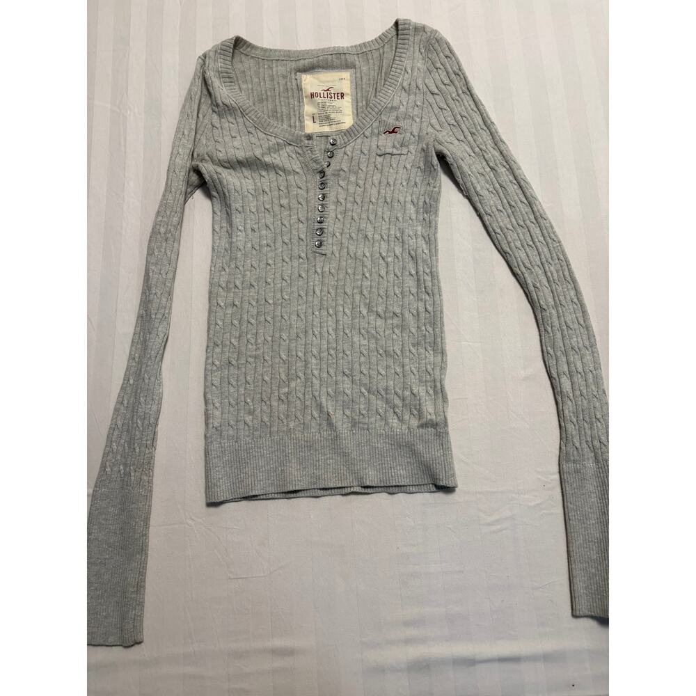 Hollister Cable Knit Henley Sweater Gray Size L